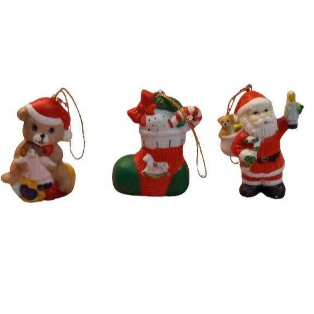 Christmas Ornaments Set Of 3 Ceramic Santa Bear Stocking 7-Eleven Citgo Vintage